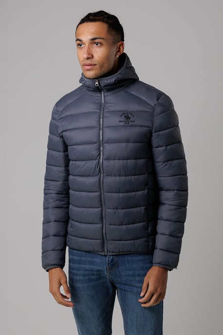 Grey Lightweight Zip Through Hooded Padded Jacket With Zipped Pockets - Image 1