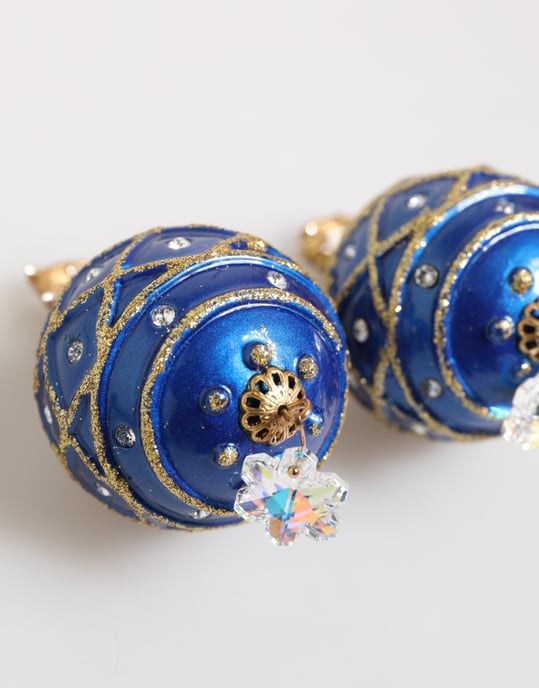 Gouden Messing Blauwe Kerstbal Kristallen Dangle Clip-On Oorringen - Image 3