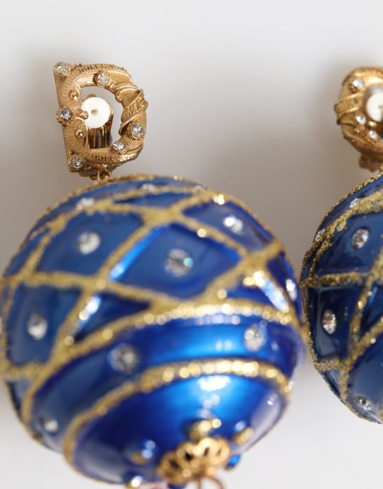 Gouden Messing Blauwe Kerstbal Kristallen Dangle Clip-On Oorringen - Image 4