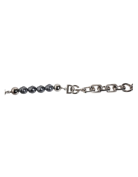 Silverfärgad kedja med hummerlås och logotyp, grå pärlorarmband - Image 2