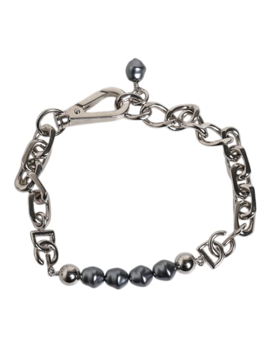 Silverfärgad kedja med hummerlås och logotyp, grå pärlorarmband - Image 5