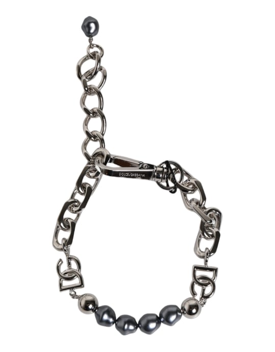 Silverfärgad kedja med hummerlås logotyp grå pärlor armband - Image 5