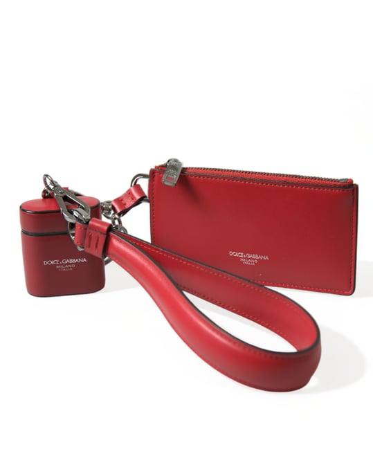 Red Leather Silver Metal Logo Strap Pouch Airpods Case - Image 1