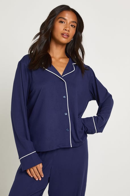 Petite Piping Detail Long Sleeve Shirt & Trouser Pyjama Set - Image 3