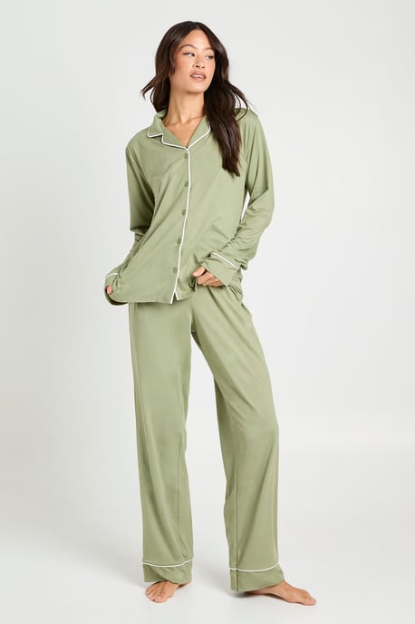Tall Jersey Piping Detail Long Sleeve Shirt & Trouser Pyjama Set - Image 1
