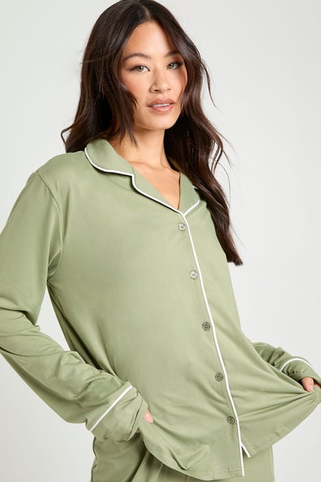 Tall Jersey Piping Detail Long Sleeve Shirt & Trouser Pyjama Set - Image 3