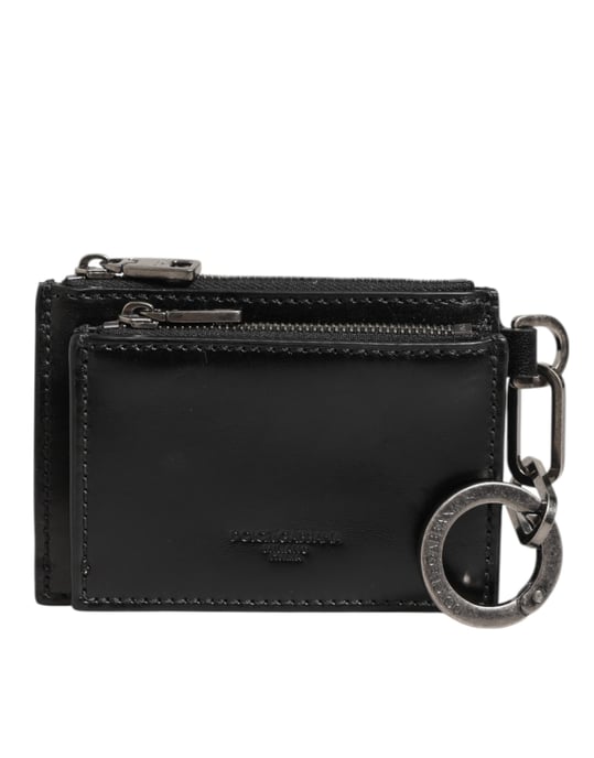 Black Leather Zipped Card Holder Coin Purse Keyring Wallet - Image 1