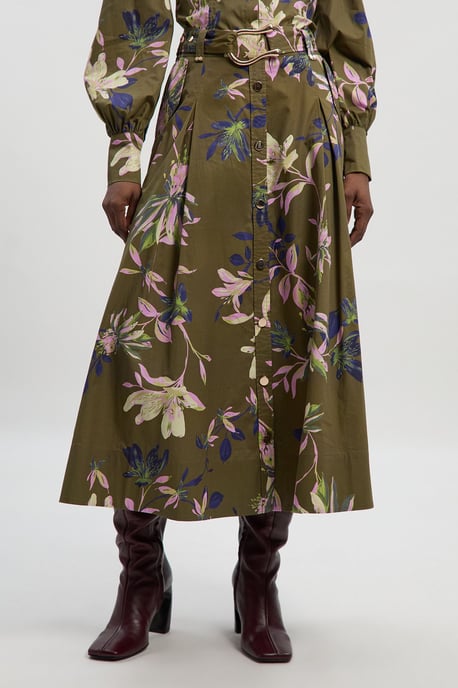 Floral Print Cotton Sateen Woven Belt Detail Midi Skirt - Image 2