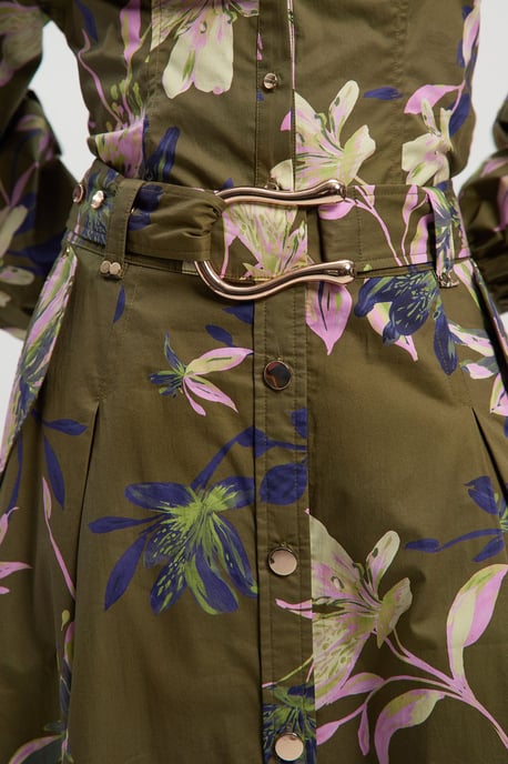 Floral Print Cotton Sateen Woven Belt Detail Midi Skirt - Image 3