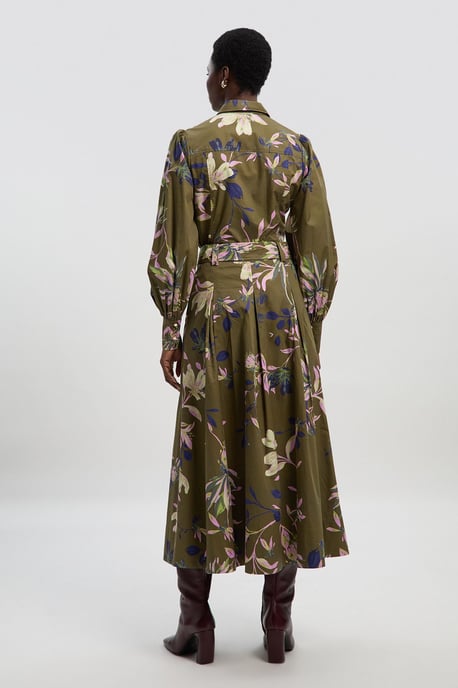 Floral Print Cotton Sateen Woven Belt Detail Midi Skirt - Image 4
