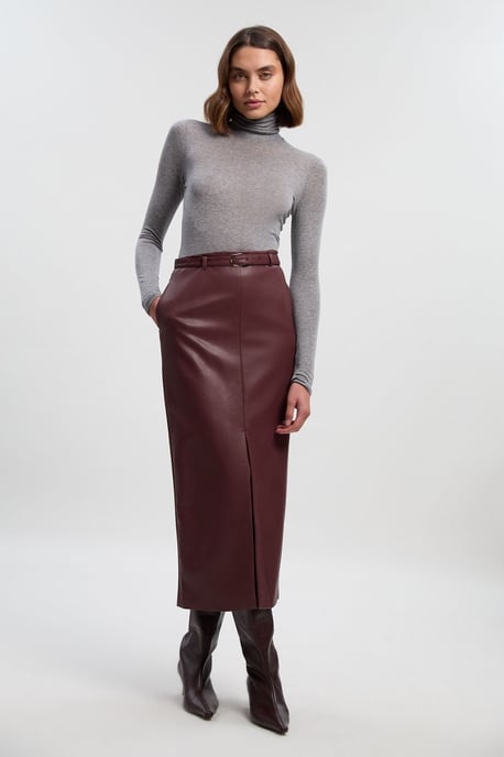 Faux Leather Tailored Midi Pencil Skirt - Image 1