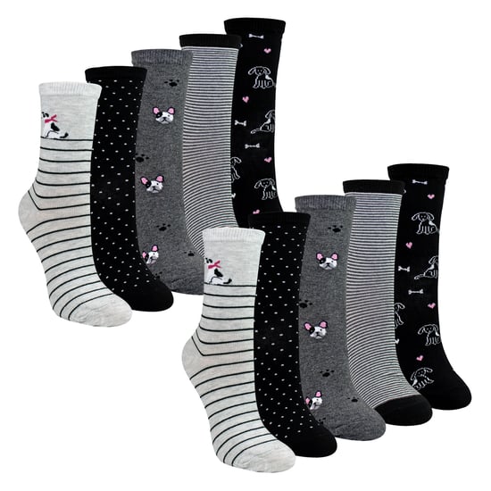 10 Pairs Ladies Dog Patterned Socks - Soft Cotton Rich Fun Dog Design Socks - Image 1