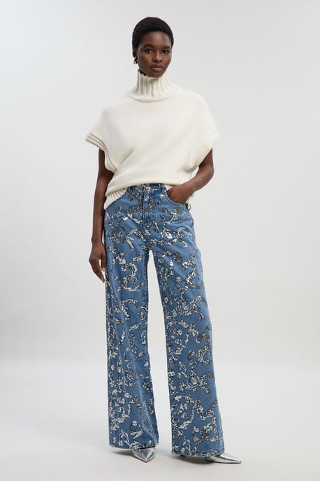 Sequin Denim Wide Leg Jeans - Image 2