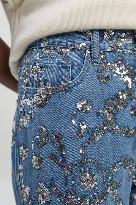 Sequin Denim Wide Leg Jeans - Image 4