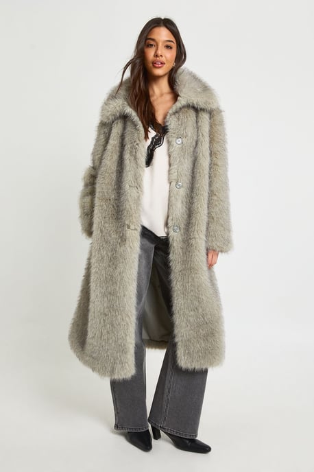 Collared Button Up Midaxi Fur Coat - Image 1