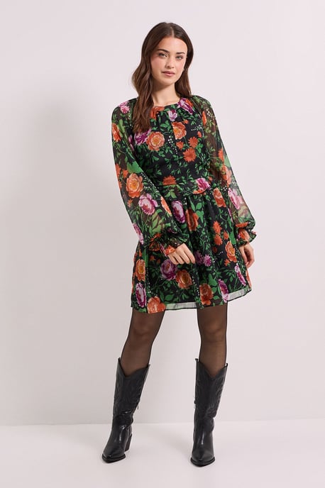High Neck Keyhole Detail Printed Chiffon Mini Dress - Image 1