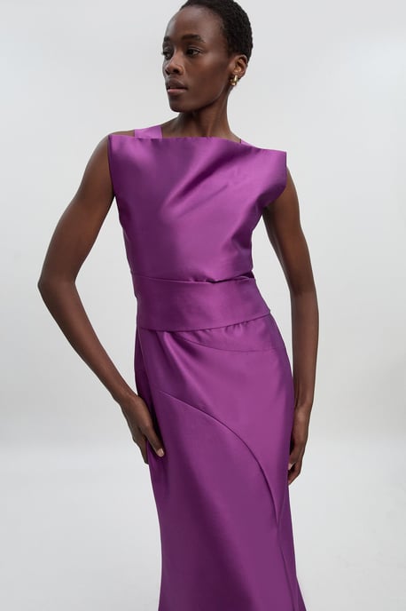 Satin Twill Draped Waist Structured Tailored Maxi Dress - Image 2