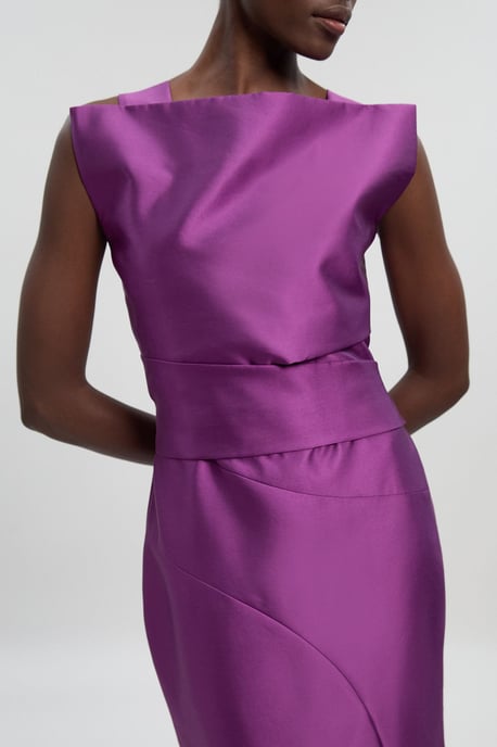 Satin Twill Draped Waist Structured Tailored Maxi Dress - Image 3
