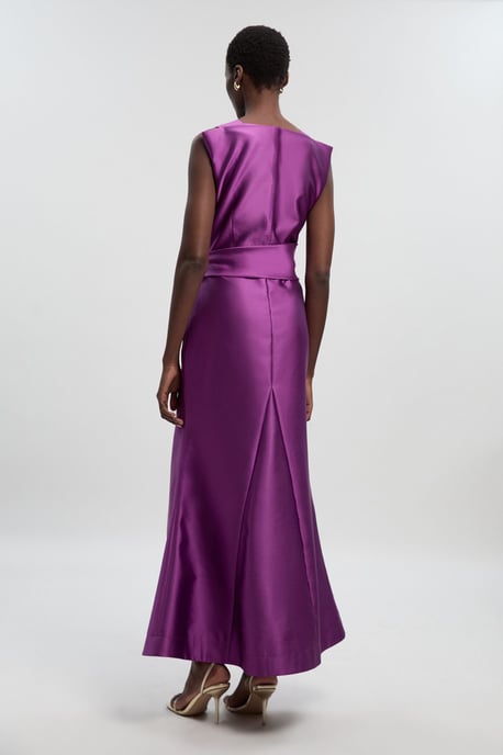 Satin Twill Draped Waist Structured Tailored Maxi Dress - Image 4