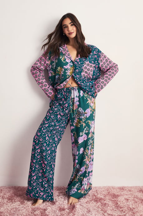 Floral Splice Print Trouser Pajama Set - Image 1