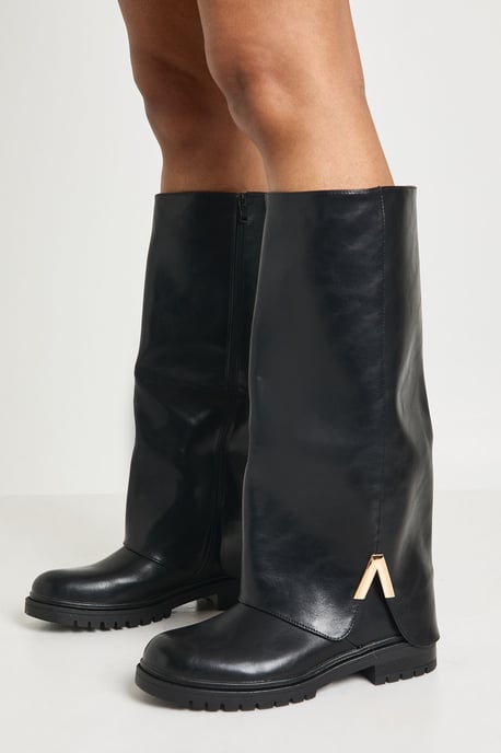 Chunky Hardware Detail Fold Over Knee High Boots - Image 1