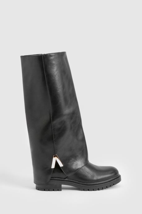 Chunky Hardware Detail Fold Over Knee High Boots - Image 3