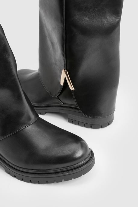 Chunky Hardware Detail Fold Over Knee High Boots - Image 6