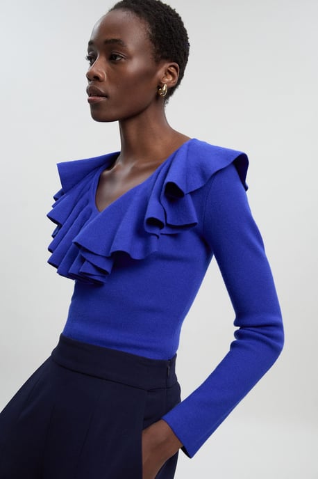Compact Wool Look Ruffle V Neck Knit Top - Image 1