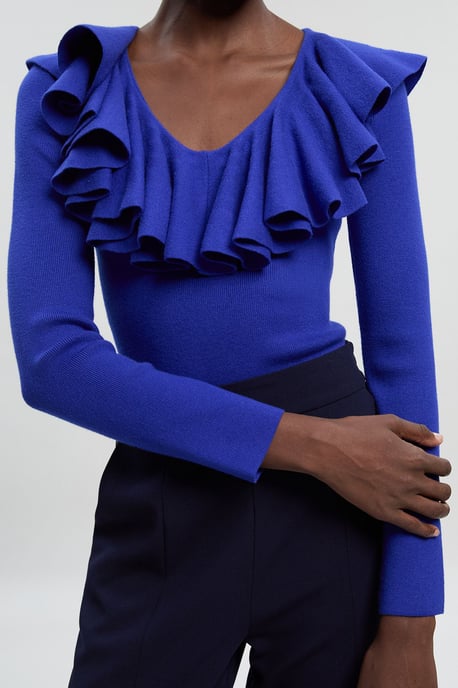 Compact Wool Look Ruffle V Neck Knit Top - Image 3