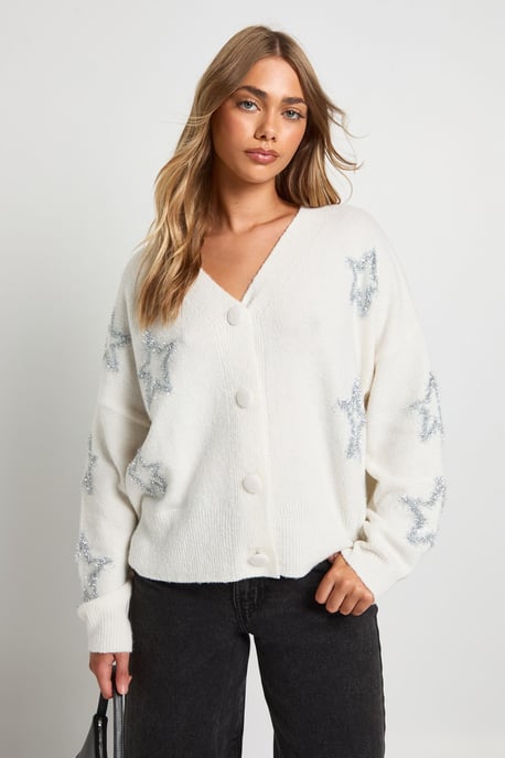Star Tinsel Print Oversized Knitted Cardigan - Image 1