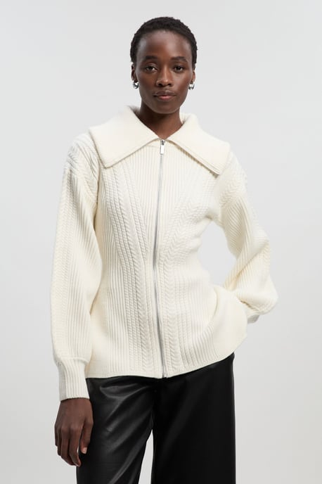 Cable Knit Balloon Sleeve Peplum Zip Through Cardigan - Image 1