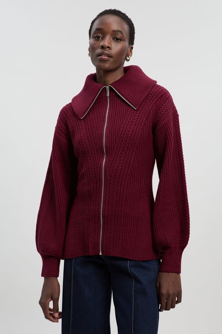 Cable Knit Balloon Sleeve Peplum Zip Through Cardigan - Image 2