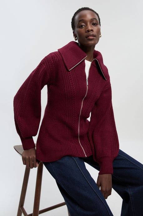 Cable Knit Balloon Sleeve Peplum Zip Through Cardigan - Image 3