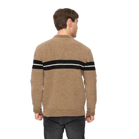 Crosshatch Mens Roundall Chenille Knitted Jumper (Taupe) - Image 2