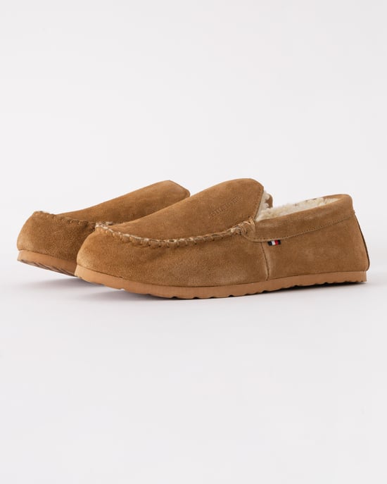Mens Suede Slippers with Fleece Lining in Tan - Image 2
