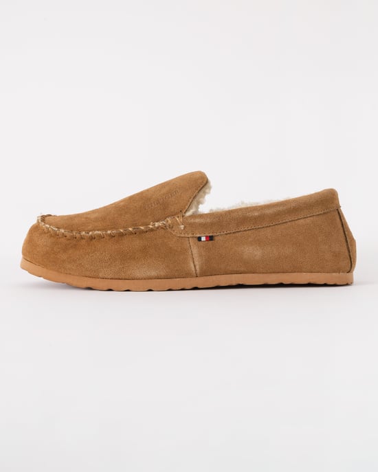 Mens Suede Slippers with Fleece Lining in Tan - Image 6