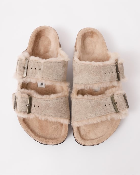 Shearling Lined Two Buckle Sandals in Beige - Image 2