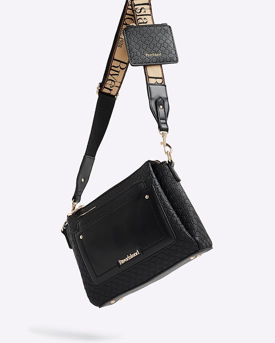 River Island Womens Crossbody Bag Black Pocket Front Ri Monogram - Image 3