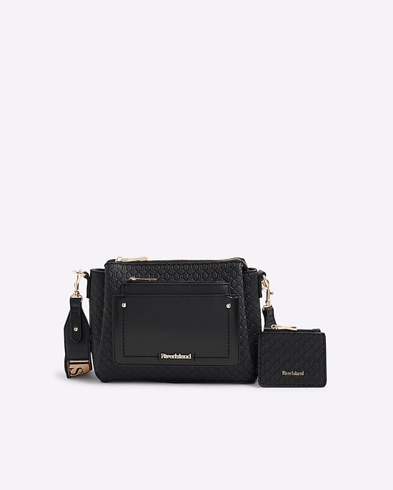 River Island Womens Crossbody Bag Black Pocket Front Ri Monogram - Image 4