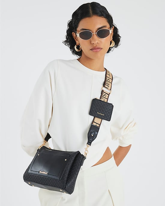 River Island Womens Crossbody Bag Black Pocket Front Ri Monogram - Image 5
