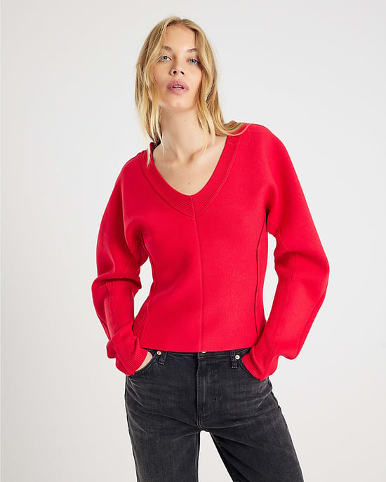 River Island Womens Knitted Top Red Structured Sleeve V-Neck - Image 1