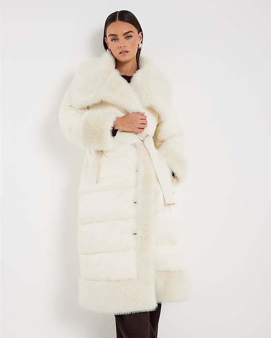 River Island Womens Padded Coat Cream Faux Fur Collar - Image 1