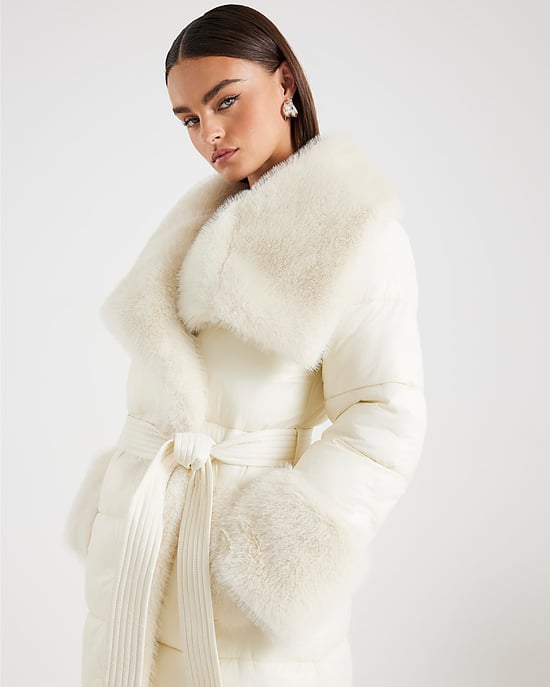 River Island Womens Padded Coat Cream Faux Fur Collar - Image 4