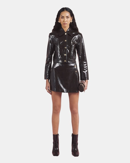 River Island Womens Jacket Brown Faux Leather Croc Harrington - Image 3