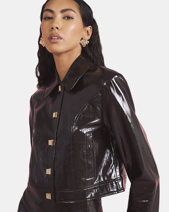 River Island Womens Jacket Brown Faux Leather Croc Harrington - Image 4
