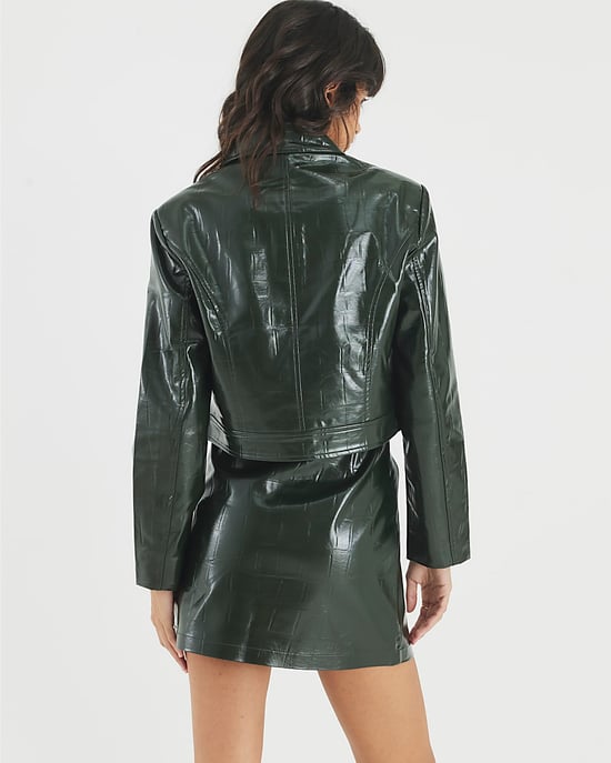 River Island Womens Jacket Green Faux Leather Croc Harrington - Image 3