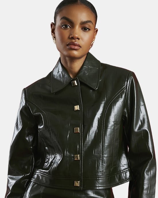 River Island Womens Jacket Green Faux Leather Croc Harrington - Image 4
