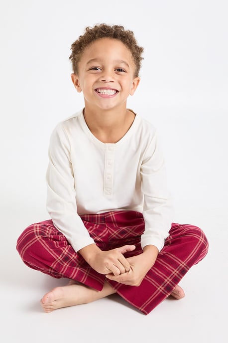 Kids Matching Family Check Baby Fleece Long Sleeve Shirt & Trousers Pyjama Set - Image 1