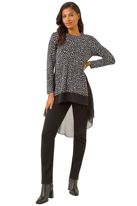Spot Print Chiffon Hem Stretch Top - Image 1