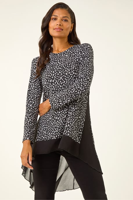 Spot Print Chiffon Hem Stretch Top - Image 2